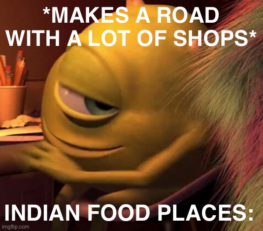 Funny Meme | *MAKES A ROAD WITH A LOT OF SHOPS*; INDIAN FOOD PLACES: | image tagged in mike wasowski | made w/ Imgflip meme maker
