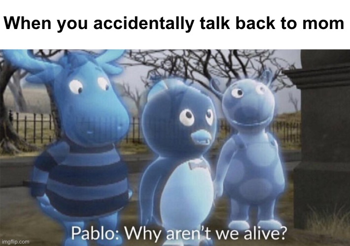 Pablo why aren't we alive? | When you accidentally talk back to mom | image tagged in pablo why aren't we alive | made w/ Imgflip meme maker