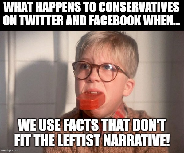 Facts Matter, Unless They Disprove A Leftist Argument | WHAT HAPPENS TO CONSERVATIVES ON TWITTER AND FACEBOOK WHEN... WE USE FACTS THAT DON'T FIT THE LEFTIST NARRATIVE! | image tagged in christmas story ralphie bar soap in mouth,memes,politics,twitter,facebook,so true | made w/ Imgflip meme maker
