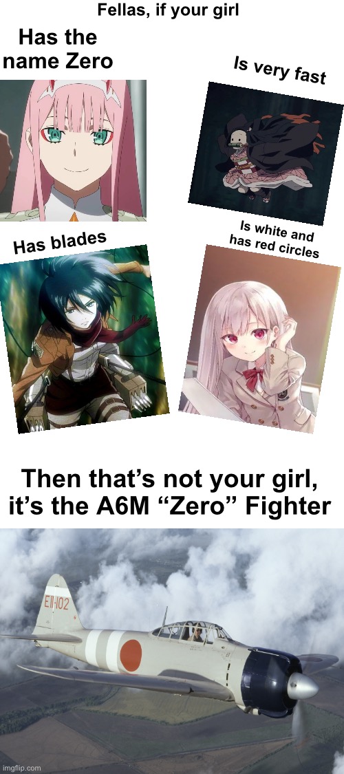 Blank White Template |  Fellas, if your girl; Has the name Zero; Is very fast; Is white and has red circles; Has blades; Then that’s not your girl, it’s the A6M “Zero” Fighter | image tagged in blank white template,fellas if your girl,a6m zero | made w/ Imgflip meme maker
