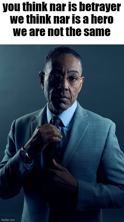 Gus Fring we are not the same | you think nar is betrayer
we think nar is a hero
we are not the same | image tagged in gus fring we are not the same | made w/ Imgflip meme maker