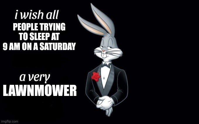 From your friendly neighborhood lawn service | PEOPLE TRYING TO SLEEP AT 9 AM ON A SATURDAY; LAWNMOWER | image tagged in i wish all x a very y | made w/ Imgflip meme maker