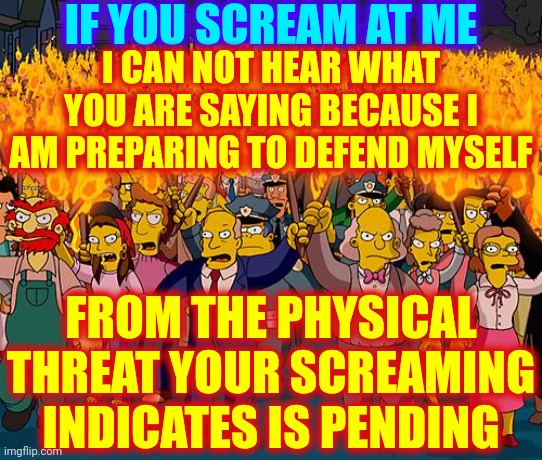 Use Your Inside Voice |  IF YOU SCREAM AT ME; I CAN NOT HEAR WHAT YOU ARE SAYING BECAUSE I AM PREPARING TO DEFEND MYSELF; FROM THE PHYSICAL THREAT YOUR SCREAMING INDICATES IS PENDING | image tagged in angry mob,memes,use your inside voice,shhhh,don't scream at me,predators | made w/ Imgflip meme maker