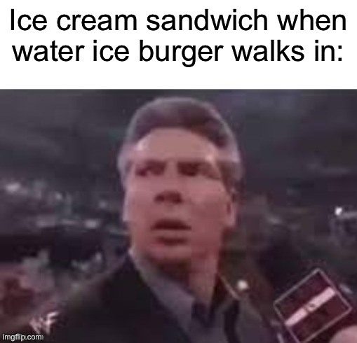 x when x walks in | Ice cream sandwich when water ice burger walks in: | image tagged in x when x walks in | made w/ Imgflip meme maker