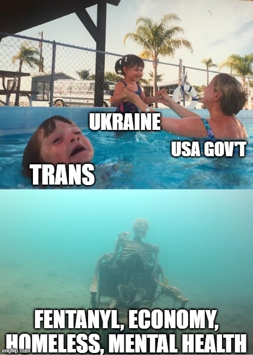 priorities | UKRAINE; USA GOV'T; TRANS; FENTANYL, ECONOMY, HOMELESS, MENTAL HEALTH | image tagged in swimming pool kids | made w/ Imgflip meme maker