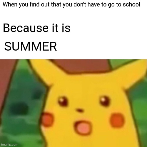 Summer is fun | When you find out that you don't have to go to school; Because it is; SUMMER | image tagged in memes,surprised pikachu,summer | made w/ Imgflip meme maker