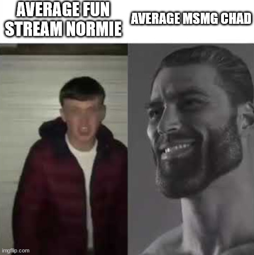 gigachad vs beta | AVERAGE FUN STREAM NORMIE; AVERAGE MSMG CHAD | image tagged in gigachad vs beta | made w/ Imgflip meme maker
