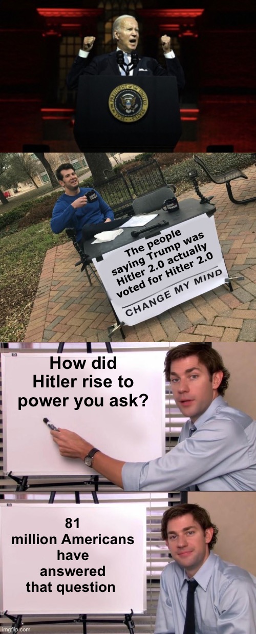 Remember, many Hitler supporters considered themselves progressive | The people saying Trump was Hitler 2.0 actually voted for Hitler 2.0; How did Hitler rise to power you ask? 81 million Americans have answered that question | image tagged in change my mind crowder,jim halpert explains,politics lol,liberal logic | made w/ Imgflip meme maker