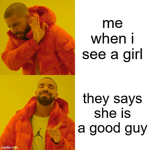 fastest meme i made | me when i see a girl; they says she is a good guy | image tagged in memes,drake hotline bling | made w/ Imgflip meme maker