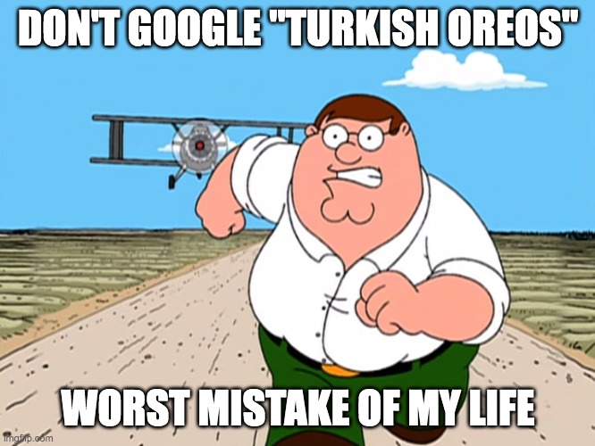 Peter Griffin running away | DON'T GOOGLE "TURKISH OREOS"; WORST MISTAKE OF MY LIFE | image tagged in peter griffin running away | made w/ Imgflip meme maker