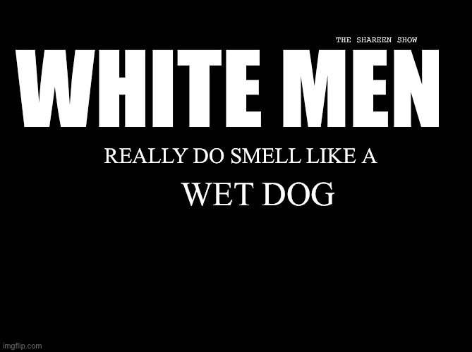 White men | THE SHAREEN SHOW; WHITE MEN; REALLY DO SMELL LIKE A; WET DOG | image tagged in donald trump,joe biden,jokes,funnymemes,wetdog,dogs | made w/ Imgflip meme maker