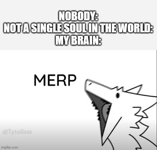 funny brain be like: | NOBODY:
NOT A SINGLE SOUL IN THE WORLD:
MY BRAIN: | image tagged in merp | made w/ Imgflip meme maker