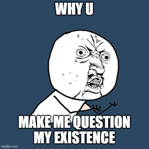 Y U No Meme | WHY U MAKE ME QUESTION MY EXISTENCE | image tagged in memes,y u no | made w/ Imgflip meme maker