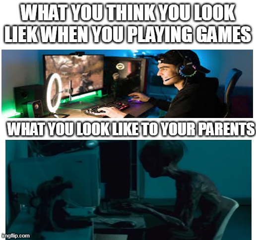 for real | WHAT YOU THINK YOU LOOK LIEK WHEN YOU PLAYING GAMES; WHAT YOU LOOK LIKE TO YOUR PARENTS | image tagged in blank white template | made w/ Imgflip meme maker