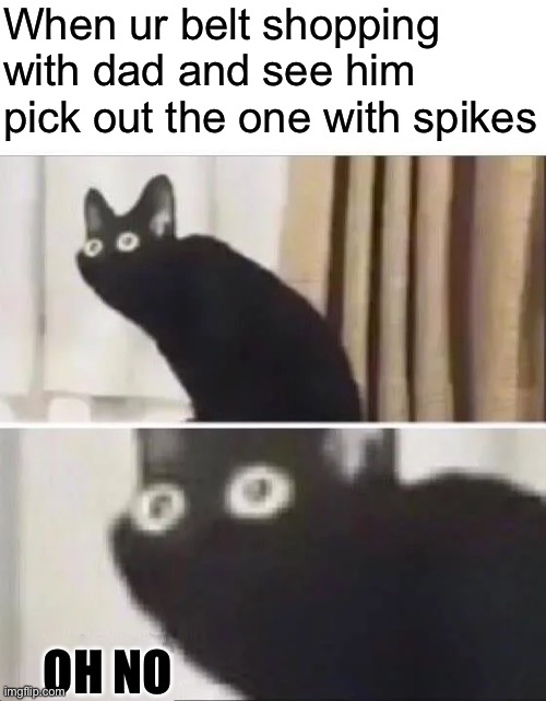 +10 attack damage | When ur belt shopping with dad and see him pick out the one with spikes; OH NO | image tagged in oh no black cat,belt,dad | made w/ Imgflip meme maker