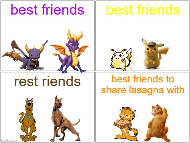 what if they became best friends with their other counterpart | best friends; best friends; rest riends; best friends to share lasagna with | image tagged in memes,blank comic panel 2x2,garfield,scooby doo,pikachu,spyro | made w/ Imgflip meme maker