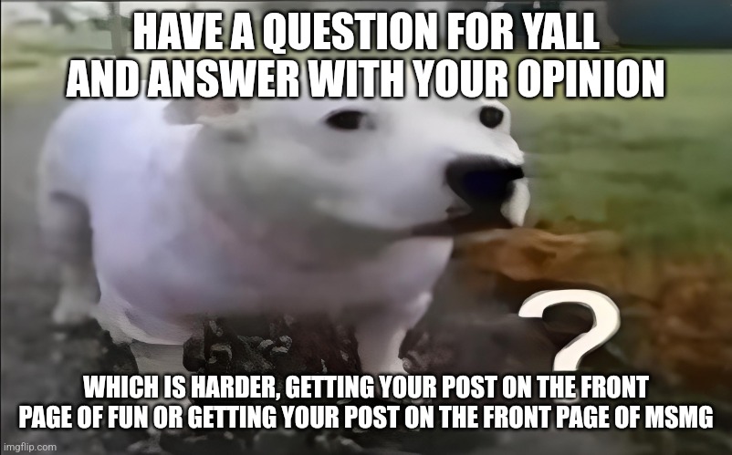 Huh Dog | HAVE A QUESTION FOR YALL AND ANSWER WITH YOUR OPINION; WHICH IS HARDER, GETTING YOUR POST ON THE FRONT PAGE OF FUN OR GETTING YOUR POST ON THE FRONT PAGE OF MSMG | image tagged in huh dog | made w/ Imgflip meme maker