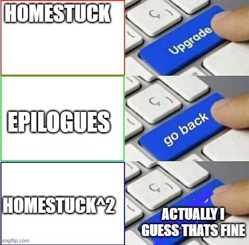 upgrade | HOMESTUCK; EPILOGUES; HOMESTUCK^2; ACTUALLY I GUESS THATS FINE | image tagged in upgrade | made w/ Imgflip meme maker