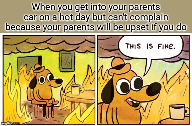 This Is Fine | When you get into your parents car on a hot day but can't complain because your parents will be upset if you do | image tagged in memes,this is fine | made w/ Imgflip meme maker