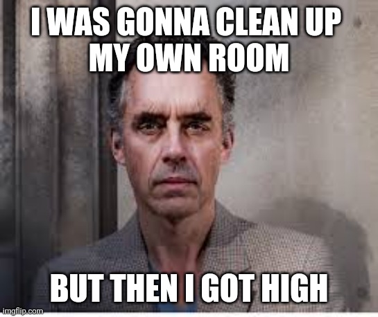 jordan peterson | I WAS GONNA CLEAN UP 
MY OWN ROOM; BUT THEN I GOT HIGH | image tagged in jordan peterson | made w/ Imgflip meme maker