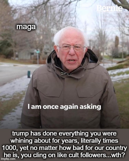 Bernie I Am Once Again Asking For Your Support Meme | maga trump has done everything you were whining about for years, literally times 1000, yet no matter how bad for our country he is, you clin | image tagged in memes,bernie i am once again asking for your support | made w/ Imgflip meme maker