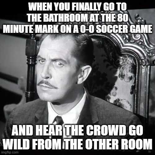 Soccer match woes | WHEN YOU FINALLY GO TO THE BATHROOM AT THE 80 MINUTE MARK ON A 0-0 SOCCER GAME; AND HEAR THE CROWD GO WILD FROM THE OTHER ROOM | image tagged in when you | made w/ Imgflip meme maker