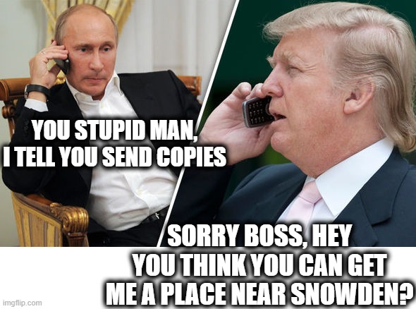 trump putin | YOU STUPID MAN, I TELL YOU SEND COPIES SORRY BOSS, HEY YOU THINK YOU CAN GET ME A PLACE NEAR SNOWDEN? | image tagged in trump putin | made w/ Imgflip meme maker