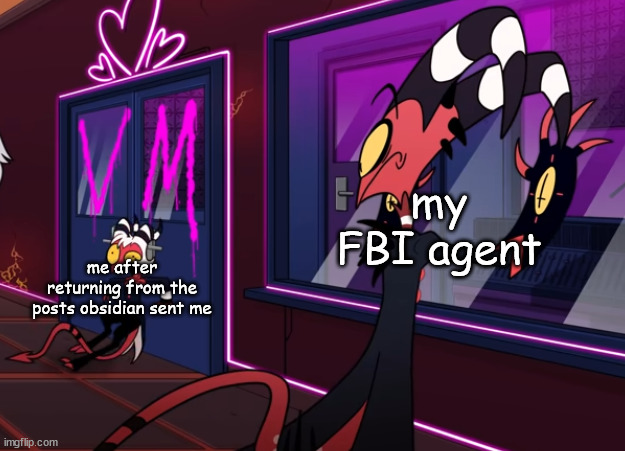 when | my FBI agent; me after returning from the posts obsidian sent me | image tagged in when | made w/ Imgflip meme maker