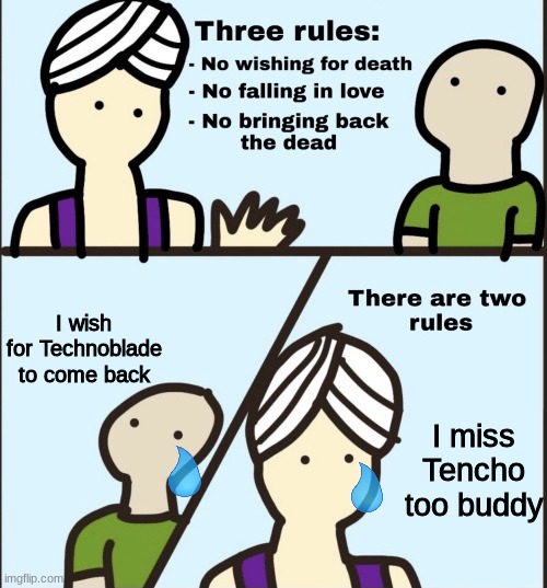 He was such a great Youtuber | I wish for Technoblade to come back; I miss Tencho too buddy | image tagged in there are two rules,technoblade | made w/ Imgflip meme maker