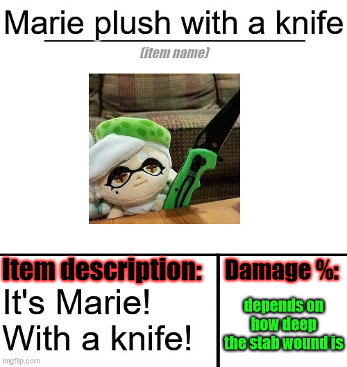 Item-shop template | Marie plush with a knife; It's Marie! With a knife! depends on how deep the stab wound is | image tagged in item-shop template | made w/ Imgflip meme maker