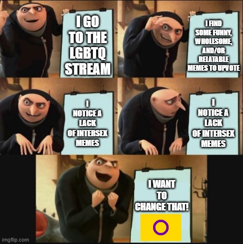 You people have my recognition, and are valid. |  I FIND SOME FUNNY, WHOLESOME, AND/OR RELATABLE MEMES TO UPVOTE; I GO TO THE LGBTQ STREAM; I NOTICE A LACK OF INTERSEX MEMES; I NOTICE A LACK OF INTERSEX MEMES; I WANT TO CHANGE THAT! | image tagged in 5 panel gru meme,lgbtq,acceptance,intersex | made w/ Imgflip meme maker