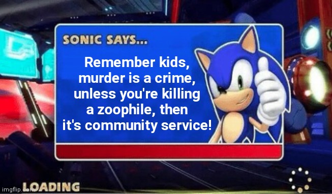 based sonic | Remember kids, murder is a crime, unless you're killing a zoophile, then it's community service! | image tagged in sonic says,funny,memes | made w/ Imgflip meme maker