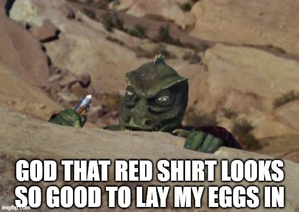 Plotting Gorn |  GOD THAT RED SHIRT LOOKS SO GOOD TO LAY MY EGGS IN | image tagged in the gorn lays in wait star trek | made w/ Imgflip meme maker