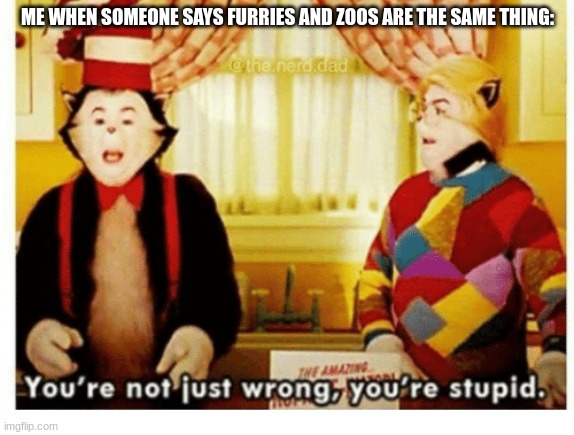 You're not just wrong your stupid | ME WHEN SOMEONE SAYS FURRIES AND ZOOS ARE THE SAME THING: | image tagged in you're not just wrong your stupid | made w/ Imgflip meme maker