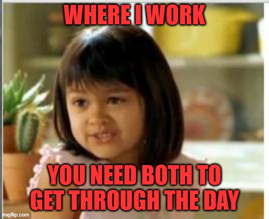 Why not both | WHERE I WORK YOU NEED BOTH TO GET THROUGH THE DAY | image tagged in why not both | made w/ Imgflip meme maker