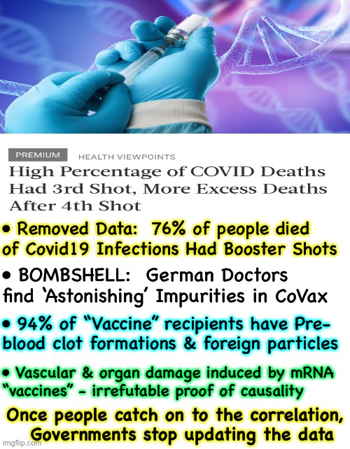 NO WAY to Deny It.  Now What? | • Removed Data:  76% of people died of Covid19 Infections Had Booster Shots; • BOMBSHELL:  German Doctors find ‘Astonishing’ Impurities in CoVax; • 94% of “Vaccine” recipients have Pre-
blood clot formations & foreign particles; • Vascular & organ damage induced by mRNA “vaccines” - irrefutable proof of causality; Once people catch on to the correlation,
  Governments stop updating the data | image tagged in memes,vaccines,vaccnations,gmo | made w/ Imgflip meme maker