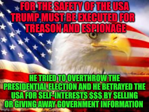 American Flag | FOR THE SAFETY OF THE USA     TRUMP MUST BE EXECUTED FOR      
    TREASON AND ESPIONAGE; HE TRIED TO OVERTHROW THE PRESIDENTIAL ELECTION AND HE BETRAYED THE USA FOR SELF-INTERESTS $$$ BY SELLING OR GIVING AWAY GOVERNMENT INFORMATION | image tagged in american flag | made w/ Imgflip meme maker