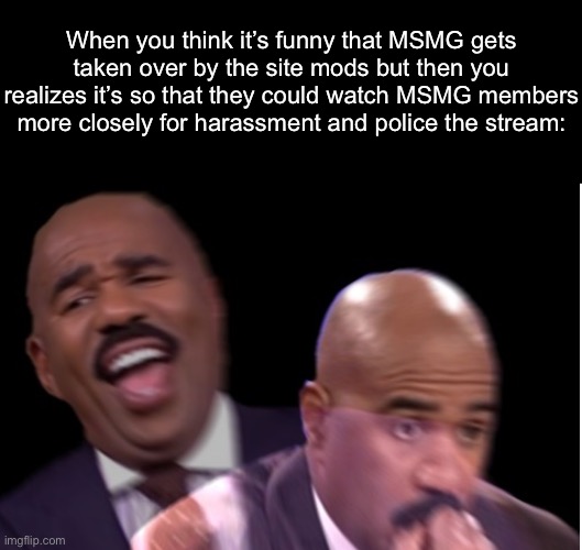 It’s really just to watch to make sure we don’t keep breaking the TOS since we keep causing problems | When you think it’s funny that MSMG gets taken over by the site mods but then you realizes it’s so that they could watch MSMG members more closely for harassment and police the stream: | image tagged in when you realize | made w/ Imgflip meme maker