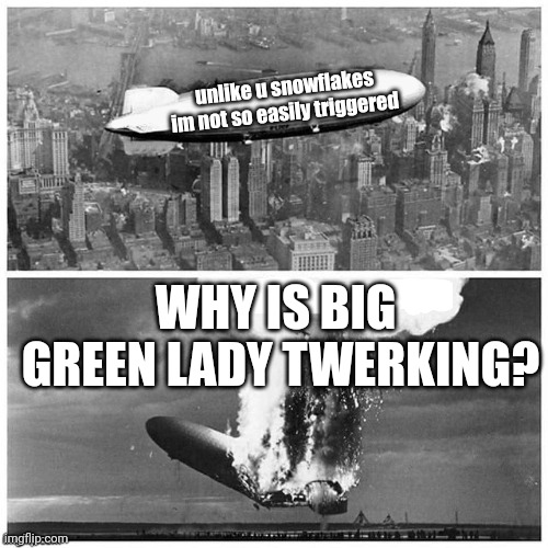 Unlike you snowflakes i'm not so easily triggered | WHY IS BIG  GREEN LADY TWERKING? | image tagged in unlike you snowflakes i'm not so easily triggered | made w/ Imgflip meme maker
