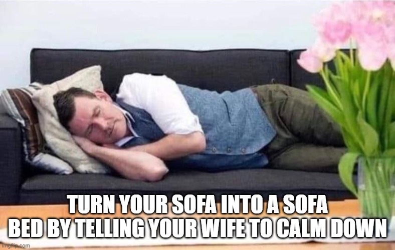 Turn your Sofa into a Sofa Bed by telling your Wife to calm down. | TURN YOUR SOFA INTO A SOFA BED BY TELLING YOUR WIFE TO CALM DOWN | image tagged in sofa bed,calm down | made w/ Imgflip meme maker