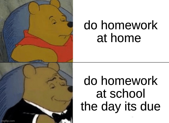 man wth | do homework at home; do homework at school the day its due | image tagged in memes,tuxedo winnie the pooh | made w/ Imgflip meme maker