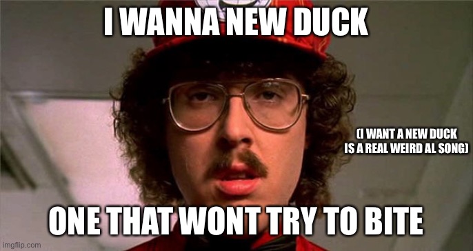 wierd al | I WANNA NEW DUCK ONE THAT WONT TRY TO BITE (I WANT A NEW DUCK IS A REAL WEIRD AL SONG) | image tagged in wierd al | made w/ Imgflip meme maker