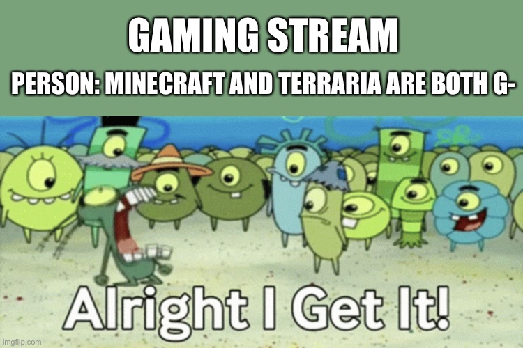 Literally posting bad stuff about the gaming stream in the gaming stream lol | GAMING STREAM; PERSON: MINECRAFT AND TERRARIA ARE BOTH G- | image tagged in alright i get it,gaming | made w/ Imgflip meme maker