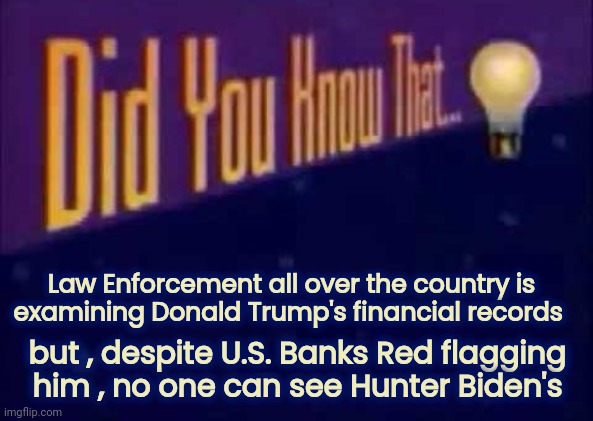 No corruption ? | Law Enforcement all over the country is
examining Donald Trump's financial records; but , despite U.S. Banks Red flagging
 him , no one can see Hunter Biden's | image tagged in did you know that,biden crime family,government corruption,too damn high,something s wrong,politicians suck | made w/ Imgflip meme maker