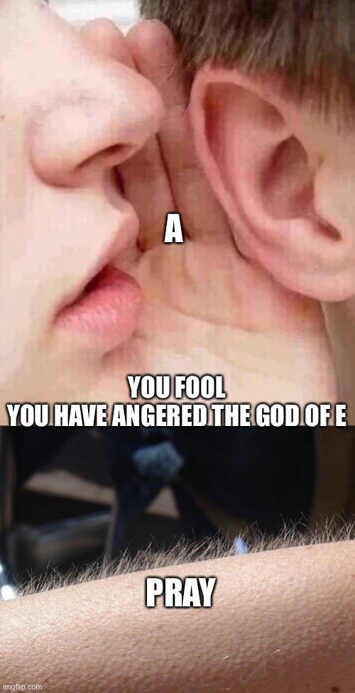 whisper in ear goosebumps | A; YOU FOOL
YOU HAVE ANGERED THE GOD OF E; PRAY | image tagged in whisper in ear goosebumps | made w/ Imgflip meme maker