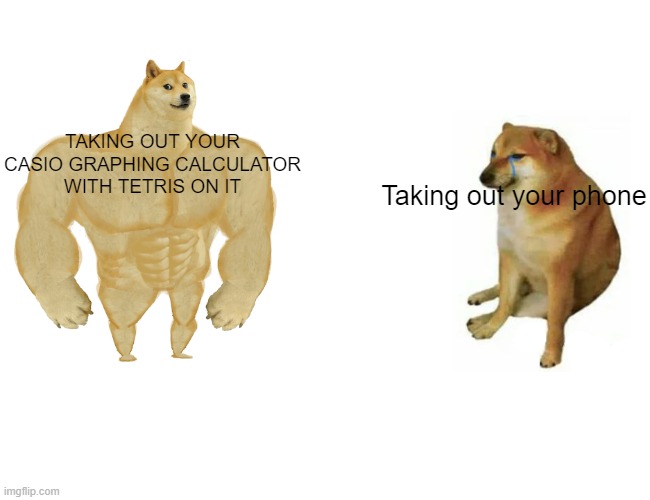 my teachers grabbing my "phone" | TAKING OUT YOUR CASIO GRAPHING CALCULATOR WITH TETRIS ON IT; Taking out your phone | image tagged in memes,buff doge vs cheems | made w/ Imgflip meme maker