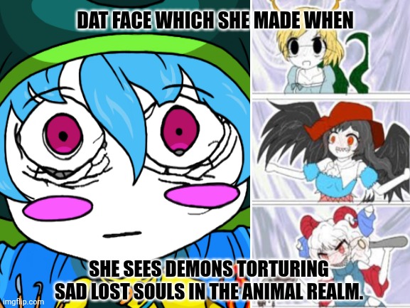 DAT FACE WHICH SHE MADE WHEN; SHE SEES DEMONS TORTURING SAD LOST SOULS IN THE ANIMAL REALM. | image tagged in memes,touhou,fear | made w/ Imgflip meme maker