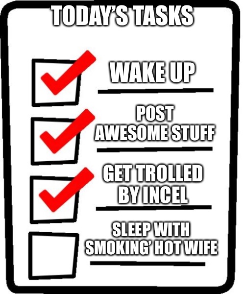 TrollKiller | TODAY’S TASKS; WAKE UP; POST AWESOME STUFF; GET TROLLED BY INCEL; SLEEP WITH SMOKING’ HOT WIFE | image tagged in long checklist | made w/ Imgflip meme maker