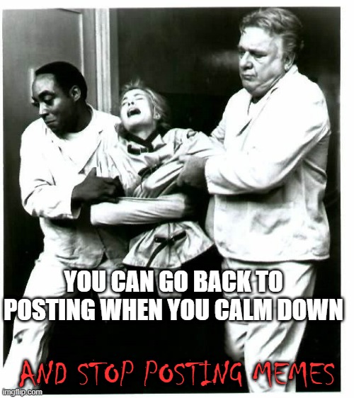 YOU CAN GO BACK TO POSTING WHEN YOU CALM DOWN; AND STOP POSTING MEMES | image tagged in insane | made w/ Imgflip meme maker