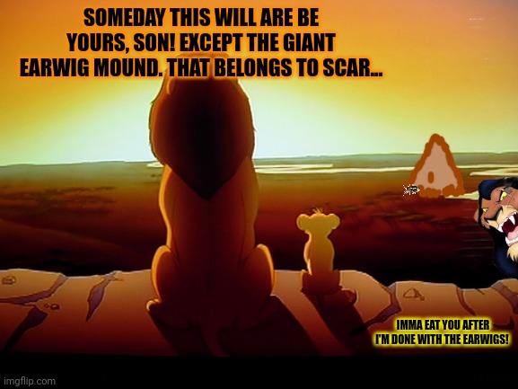 Wait. This doesn't have anything to dew with China. | SOMEDAY THIS WILL ARE BE YOURS, SON! EXCEPT THE GIANT EARWIG MOUND. THAT BELONGS TO SCAR... IMMA EAT YOU AFTER I'M DONE WITH THE EARWIGS! | image tagged in memes,lion king,stop it get some help,captain,scar,earwigs | made w/ Imgflip meme maker